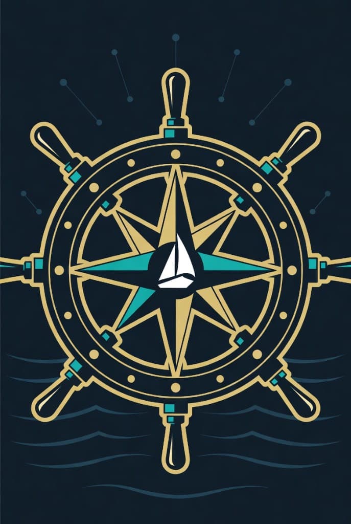 Abstract helm and compass brand artwork suggesting calm navigation